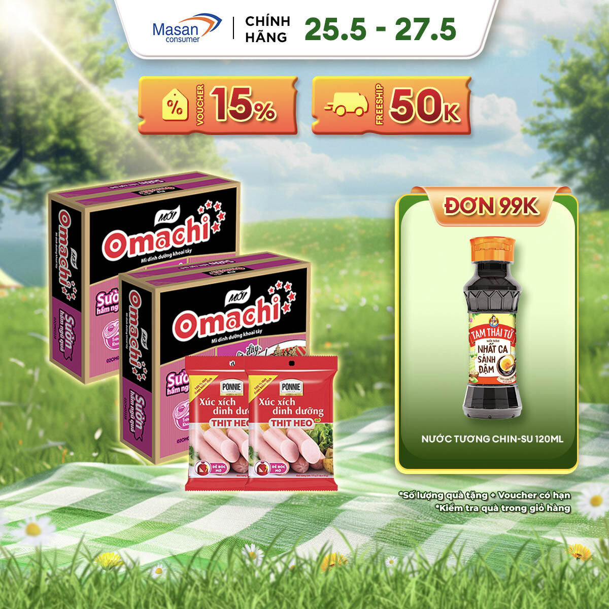 Combo 2 Thùng Omachi Sườn Hầm Ngũ Quả Gói 80G + 2 Xúc Xích Tiệt Trùng Ponnie Vị Heo 70G