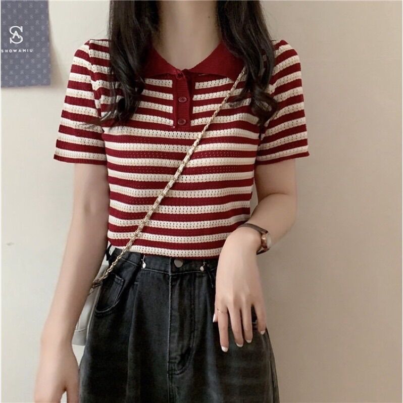Áo cộc tay cổ polo kẻ ngang cá tính