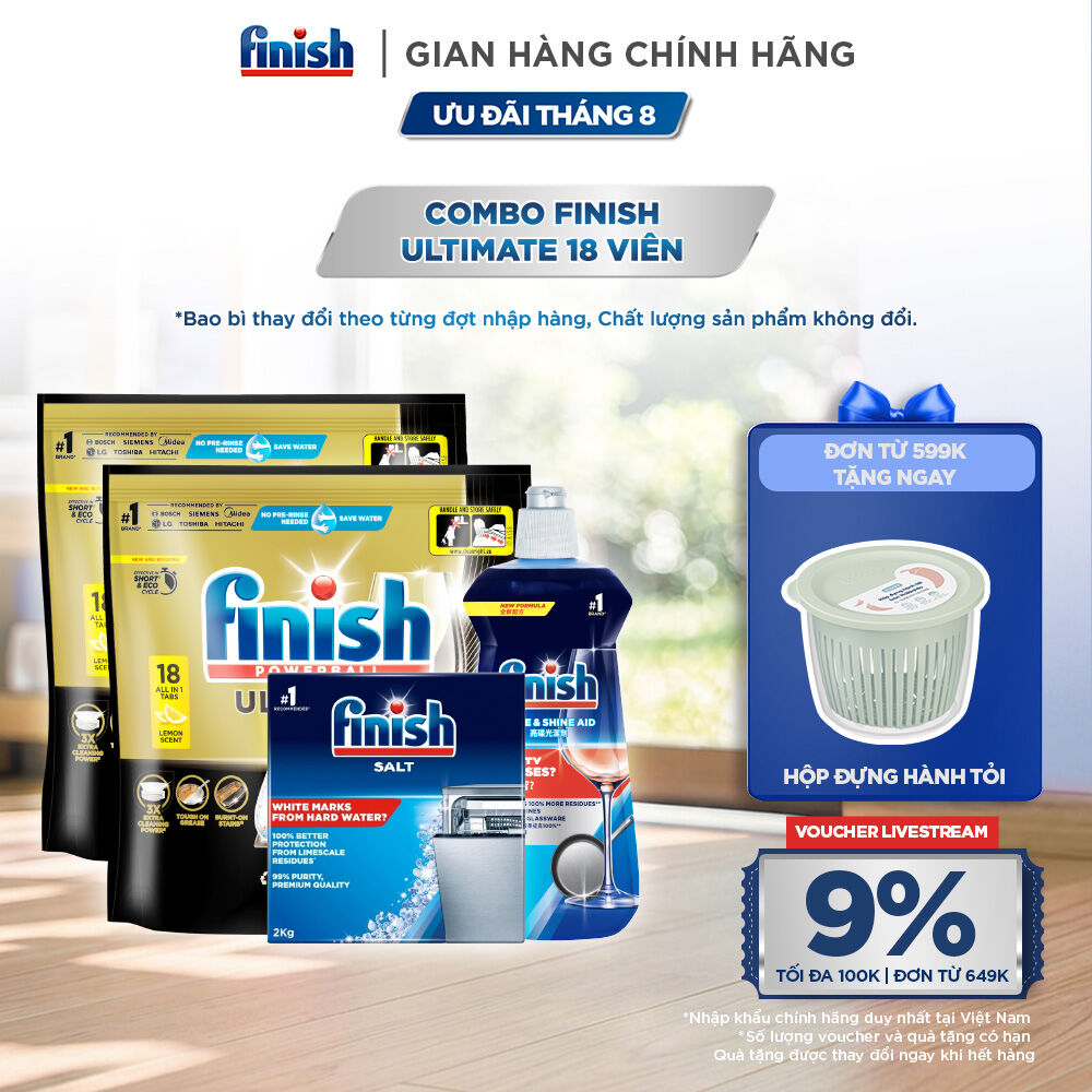 Combo 2 Túi rửa chén Finish Ultimate 18 viên + Nước làm bóng Finish 500ml + Muối rửa chén Finish 2kg
