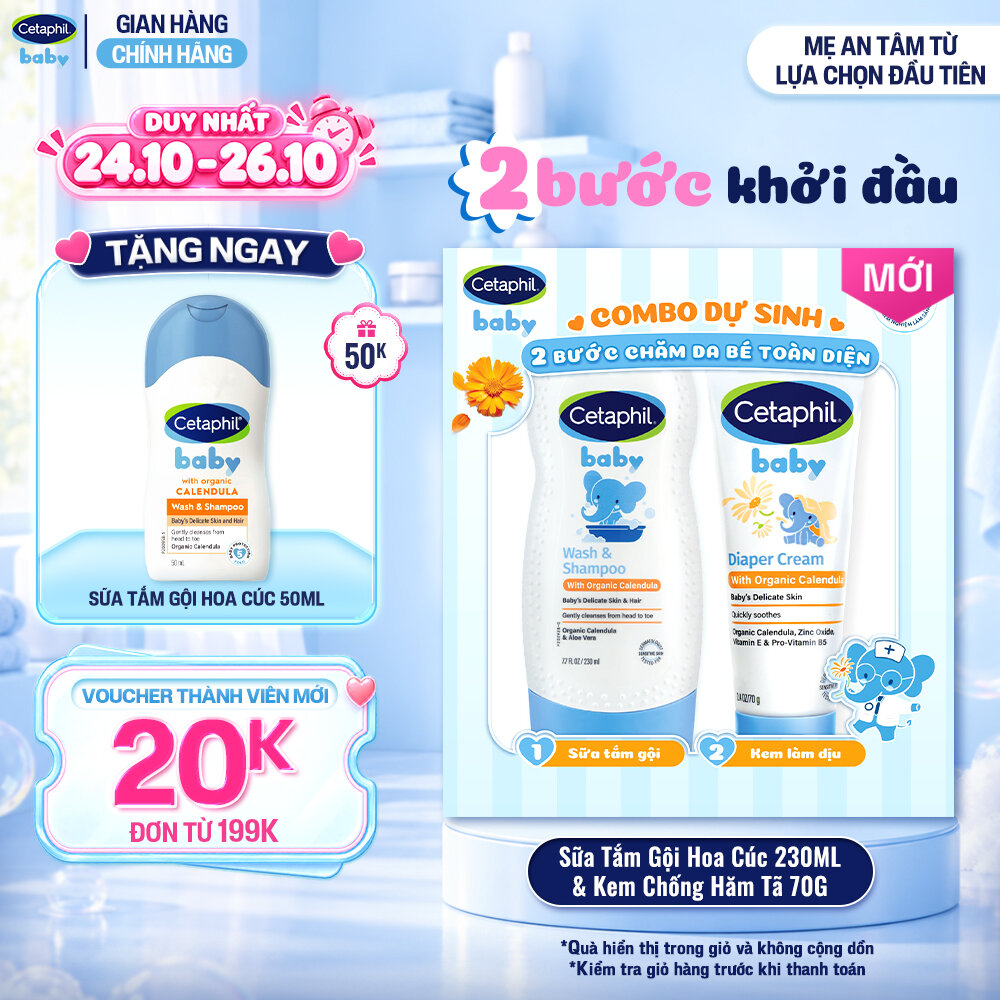 [COMBO DỰ SINH] Combo Sữa tắm dưỡng ẩm dịu lành cho bé với Calendula hoa cúc hữu cơ CETAPHIL BABY WSHAMPOO CALENDULA 230ML  Kem chống hăm tã dịu lành CETAPHIL BABY DIAPER CREAM CALENDULA 70G