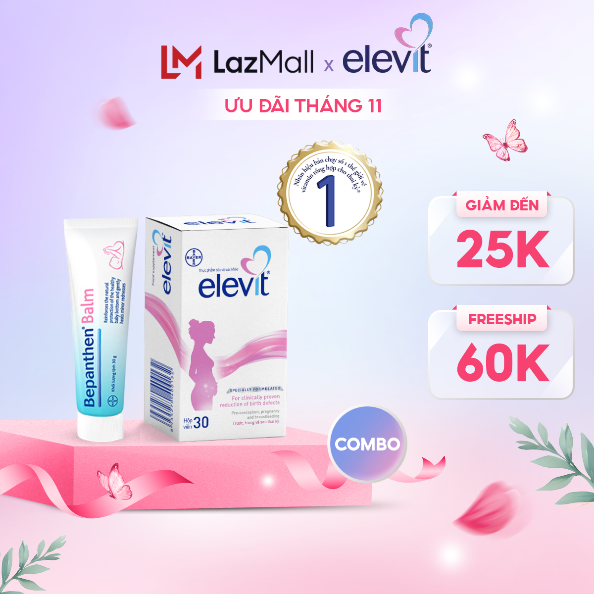 Combo Mẹ Khỏe Con Xinh (Vitamin Bầu Tổng Hợp Elevit 30 Viên + Kem Chống Hăm Bepanthen Balm Dạng Kem 