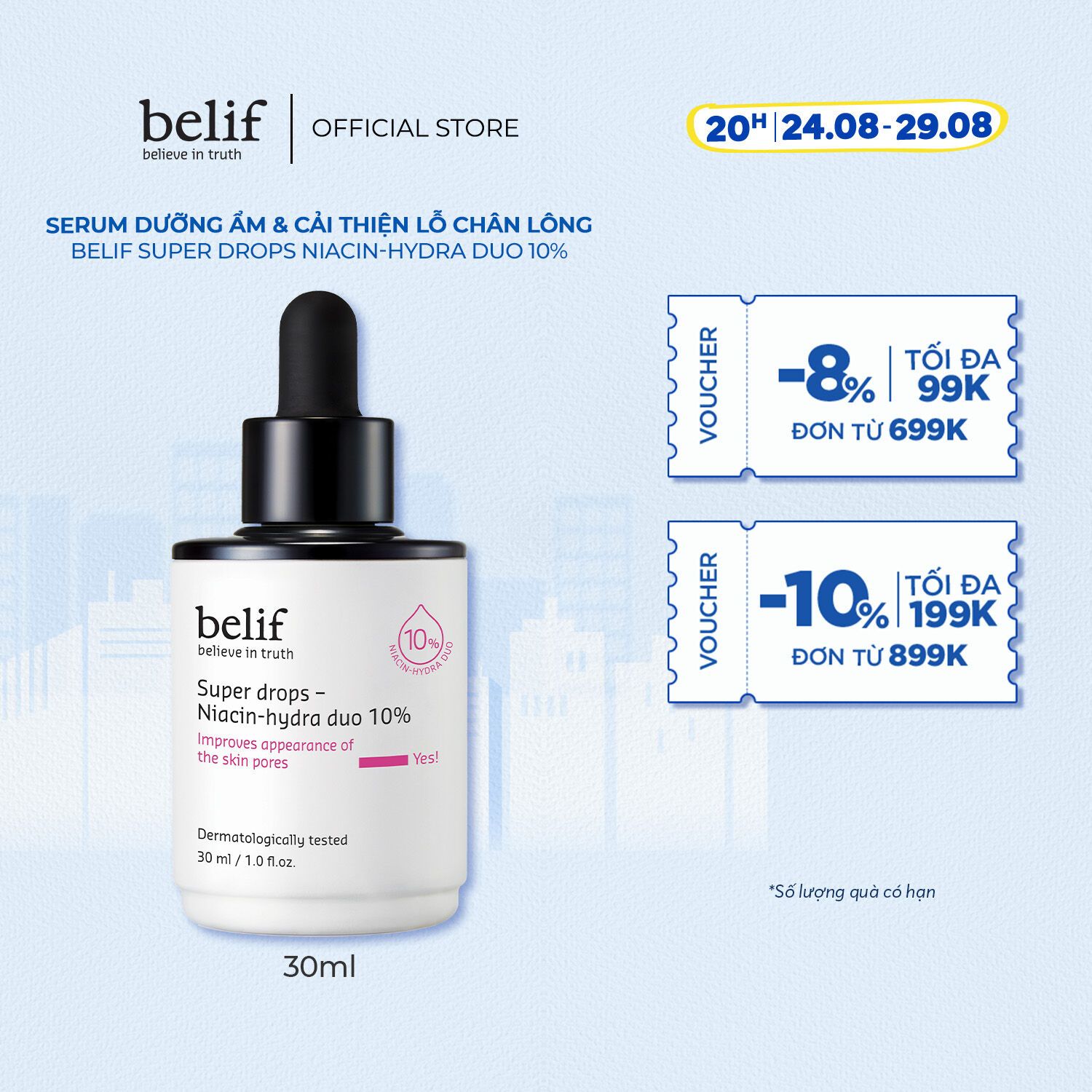 Tinh chất dưỡng ẩm và cải thiện lỗ chân lông belif Super Drops Niacin-hydra duo 10% 30 ml