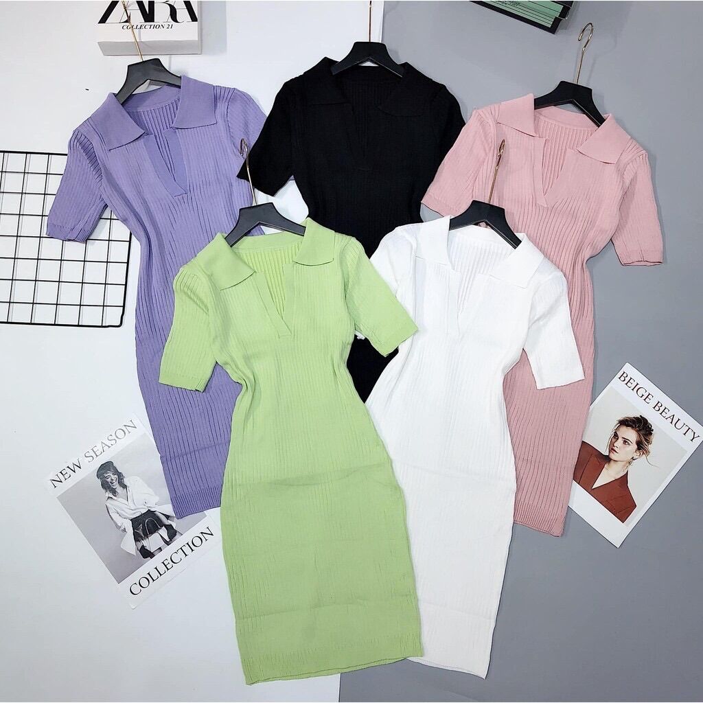 Váy đầm body len nữ cổ bẻ bassic