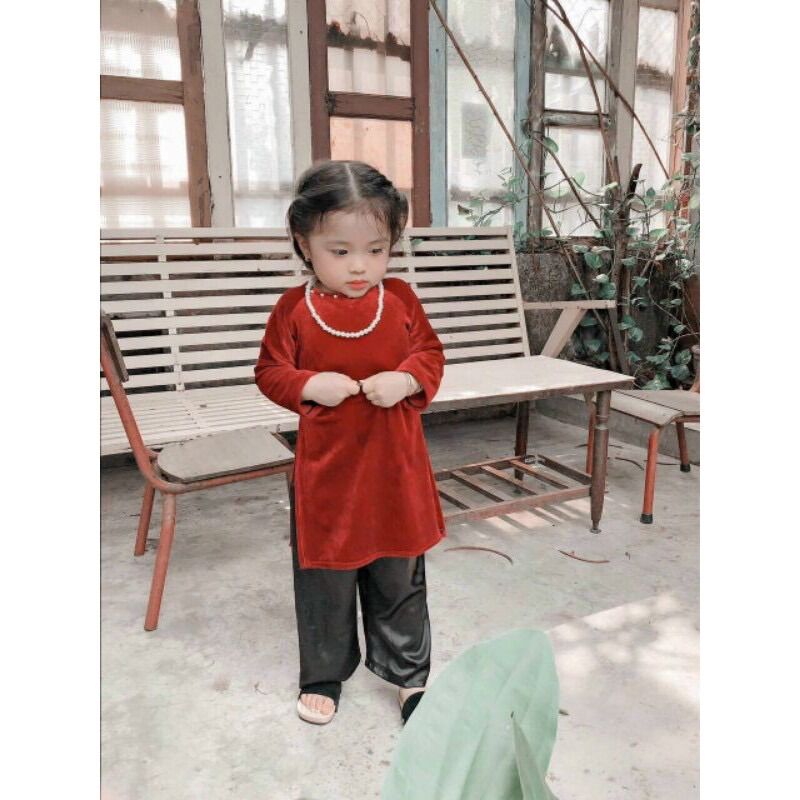 Áo dài nhung kết cườm cổ siêu đẹp cho bé