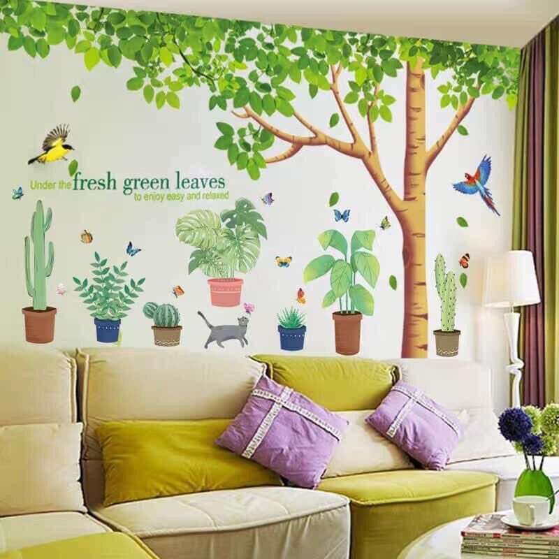 Tranh dán tường, Decal dán tường chậu cây mèo và cây xanh tán rộng