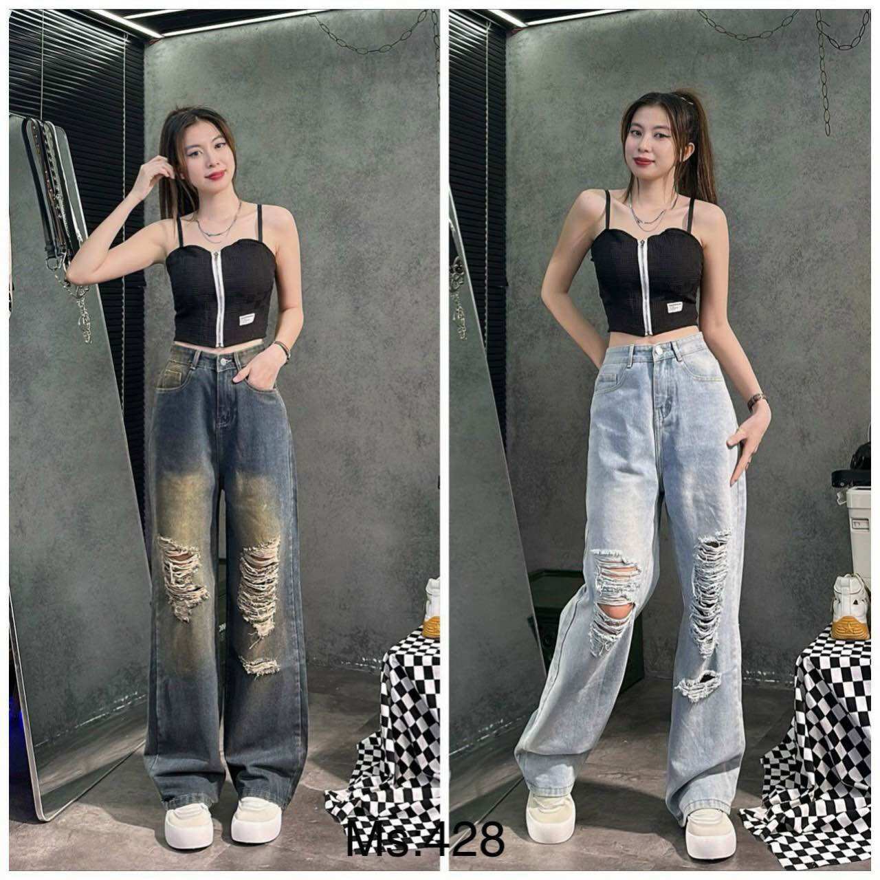 Quần ống rộng nữ jean thêu túi sau rách trước