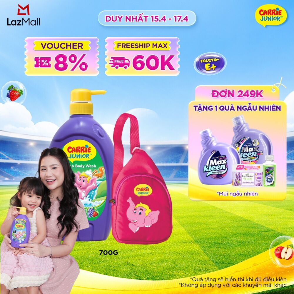 [Tặng Kèm Túi Đeo Chéo] Sữa Tắm Gội cho bé Carrie Junior Hương Grapeberry 700g