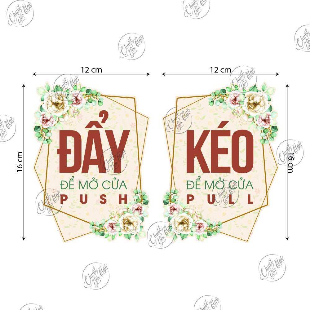 Set combo 2 biển báo "ĐẨY - KÉO Cửa Ra Vào PULL - PUSH, CỬA KÍNH ( Hoa Hồng )