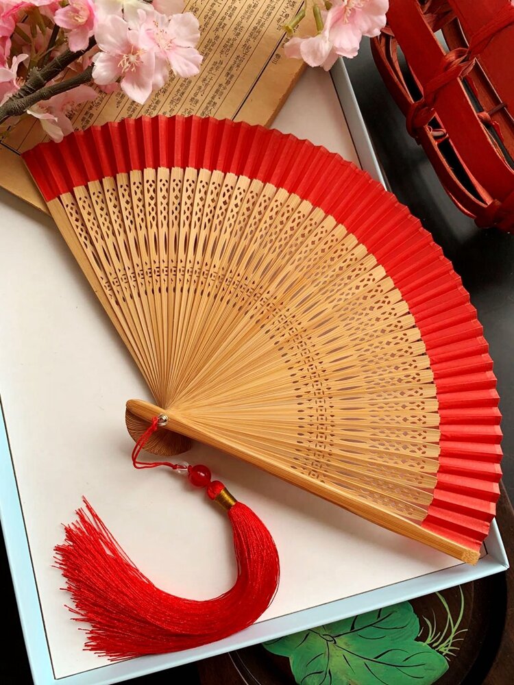 Quạt ba tay mini quạt vải sợi thật phong cách cổ cho nữ 5 inch màu trơn quạt gấp tre quạt cầm tay phong cách cổ mùa hè