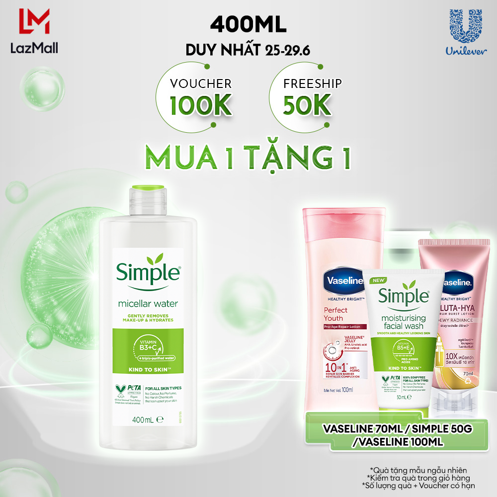 Nước tẩy trang Simple Micellar làm sạch 99% trang điểm, cho da thoáng mịn tức thì 400ml [CHAI LỚN TIẾT KIỆM 111K]