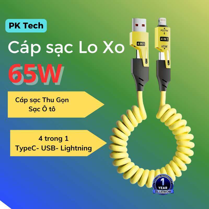 Cáp sạc nhanh 65W, Dây cáp sạc lò xo PD tự thu hồi USB Type C Lightning sạc nhanh được cho mọi dòng máy điện thoại xiaomi Huawei Iphone Opppo Samsung
