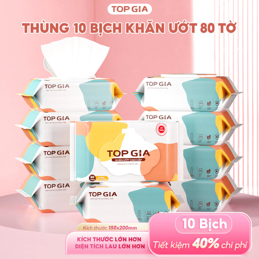 Thùng 10 hoặc 6 khăn ướt Ban Mai Top Gia 80 tờ không cồn 14x18cm cao cấp