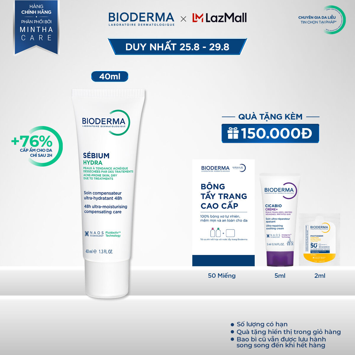 Kem dưỡng ẩm giảm khô căng, bong tróc cho da mụn Bioderma Sebium Hydra - 40ml