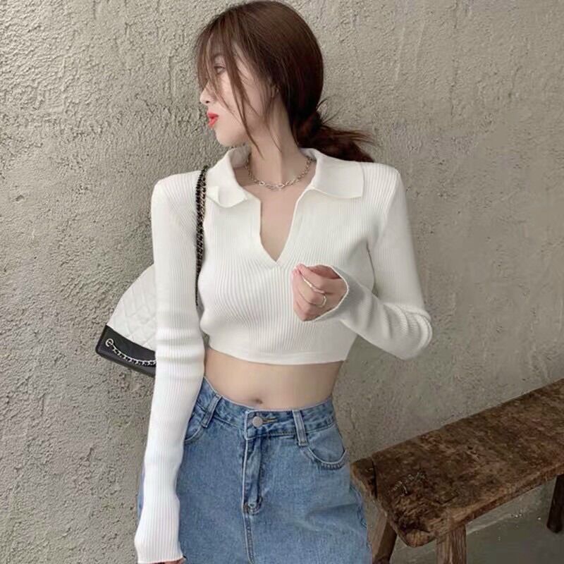 Áo croptop tay dài cổ bẻ nơ sau G99