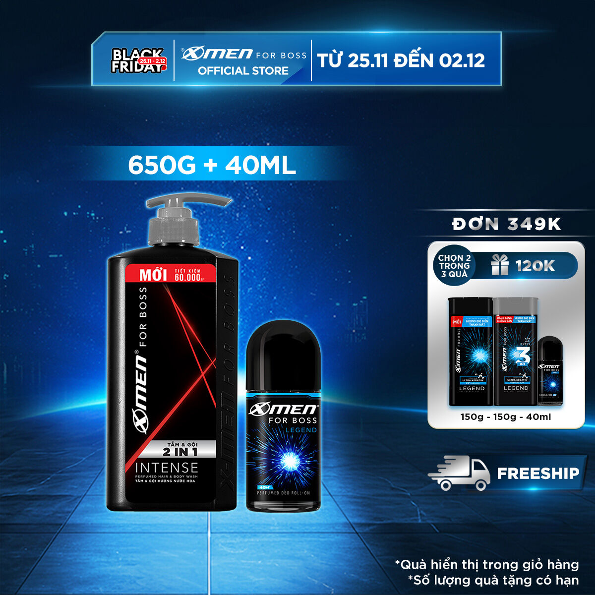 Combo Tắm Gội X-Men for Boss Intense 2IN1 650g + Lăn khử mùi X-Men for Boss Legend 40ml