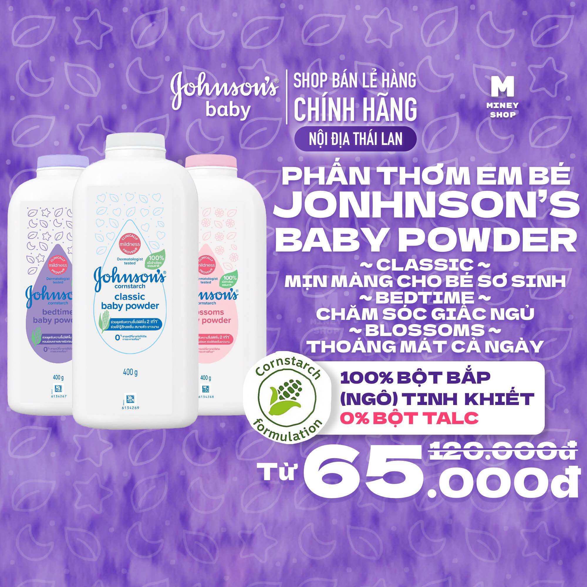 Phấn thơm em bé Johnson's Baby Blossoms Hồng | Bedtime Tím | Classic Trắng - 100% Bột Bắp (Ngô) Tinh Khiết 400g | 200g