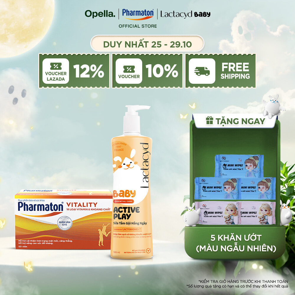 Bộ 1 Thực Phẩm Bảo Vệ Sức Khỏe Pharmaton Vitality Dạng Vỉ Tiện Lợi Hộp 50 Viên + Sữa Tắm Gội Hằng Ngày Cho Bé Lactacyd Baby Active Play 500ml