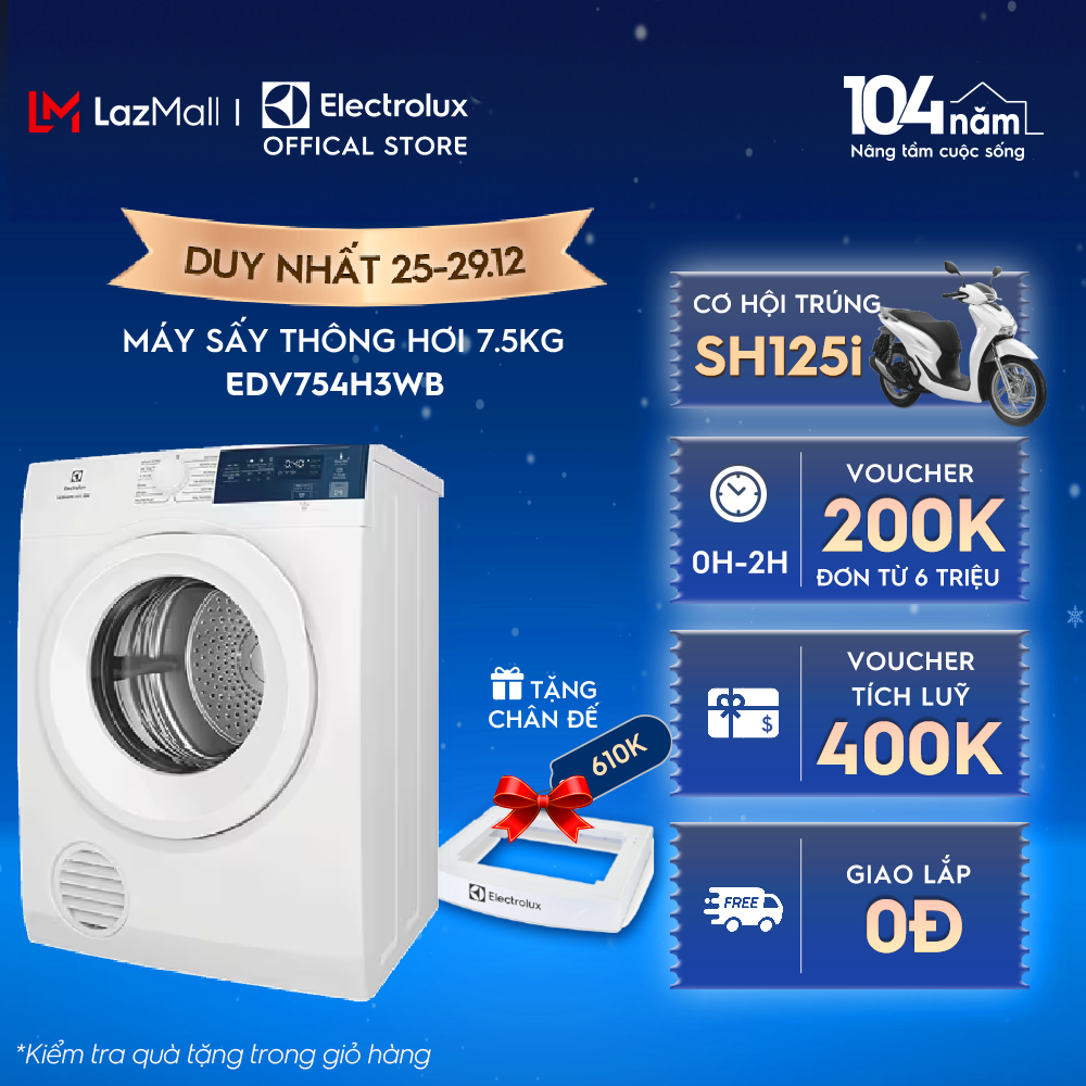 Máy sấy thông hơi Electrolux 7.5kg EDV754H3WB