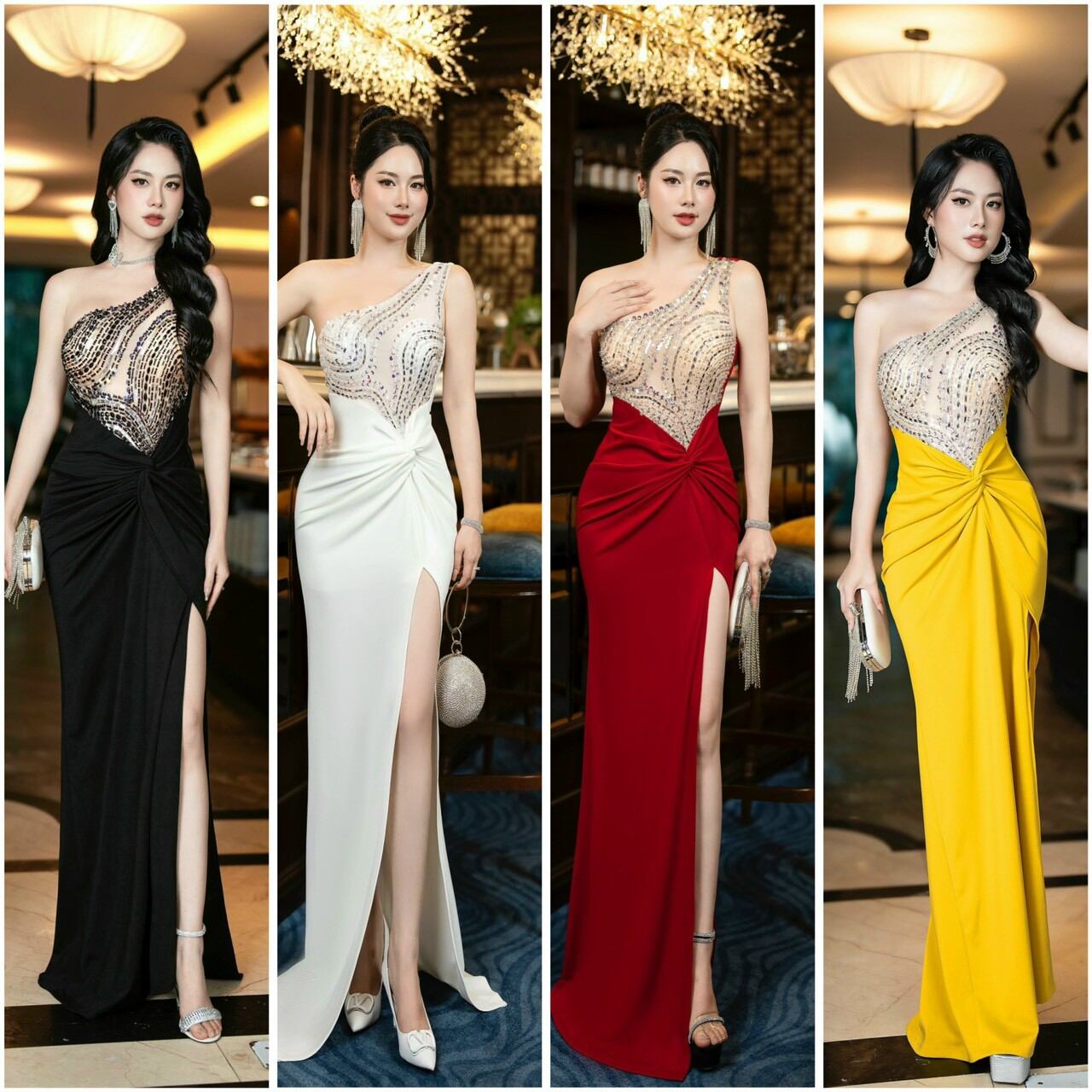 Đầm body dạ hội dự tiệc xoắn eo xẻ đùi kết đá cao cấp, váy thời trang nữ đi tiệc siêu quý phái thời thượng