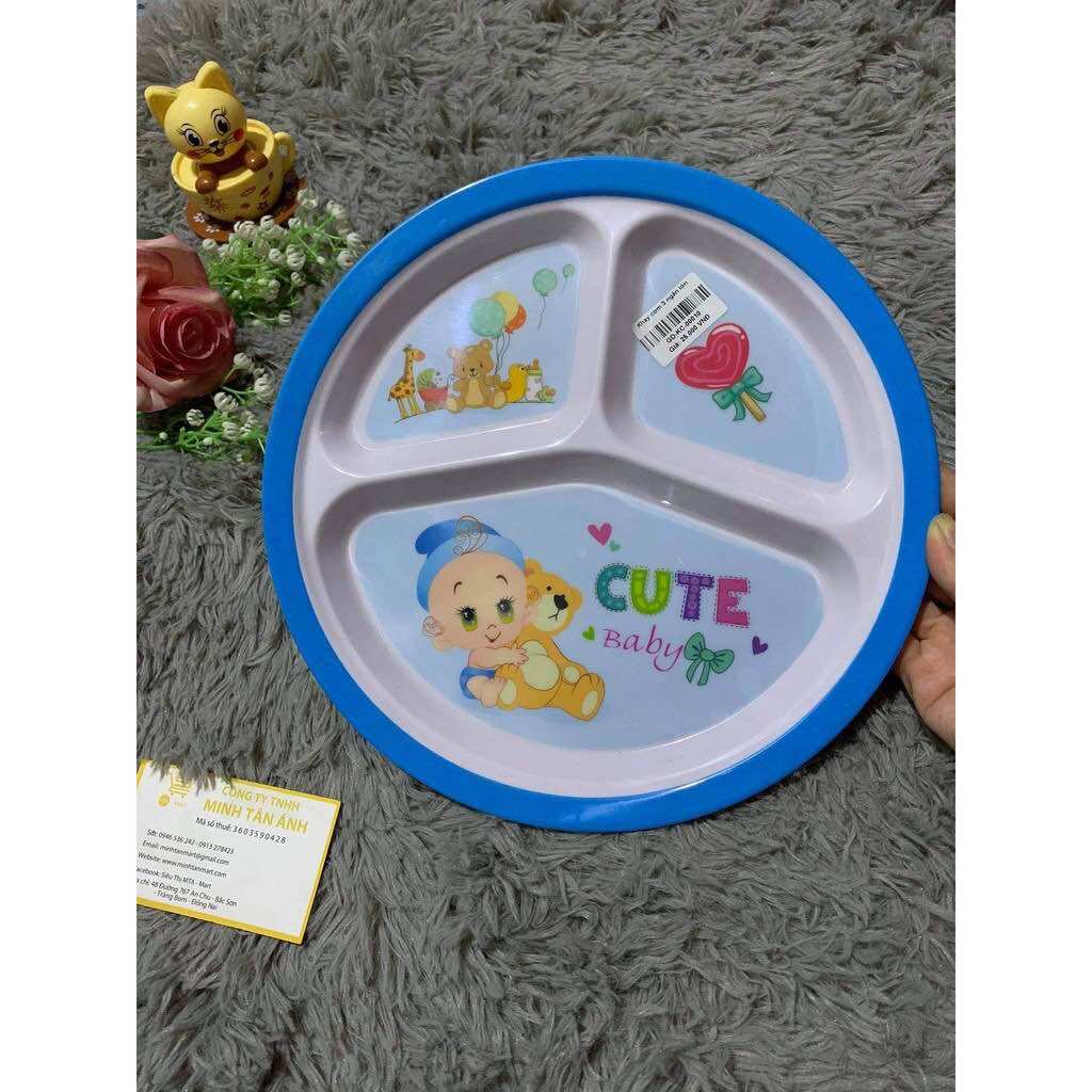 Khay Cơm 3 Ngăn Lớn Cho Bé (Giao Ngẫu Nhiên), Khay Tập Ăn, Khay Nhựa Melamine Dày Dặn, Chắc Chắc, Dễ Vệ Sinh MTA-MART2