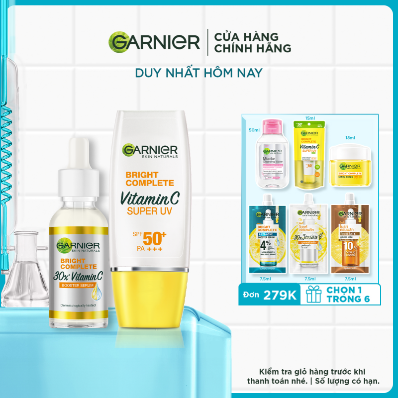 Bộ đôi Garnier Vitamin C Serum dưỡng sáng da mờ thâm 30ml & Kem chống nắng Garnier kiềm dầu sáng da 30ml