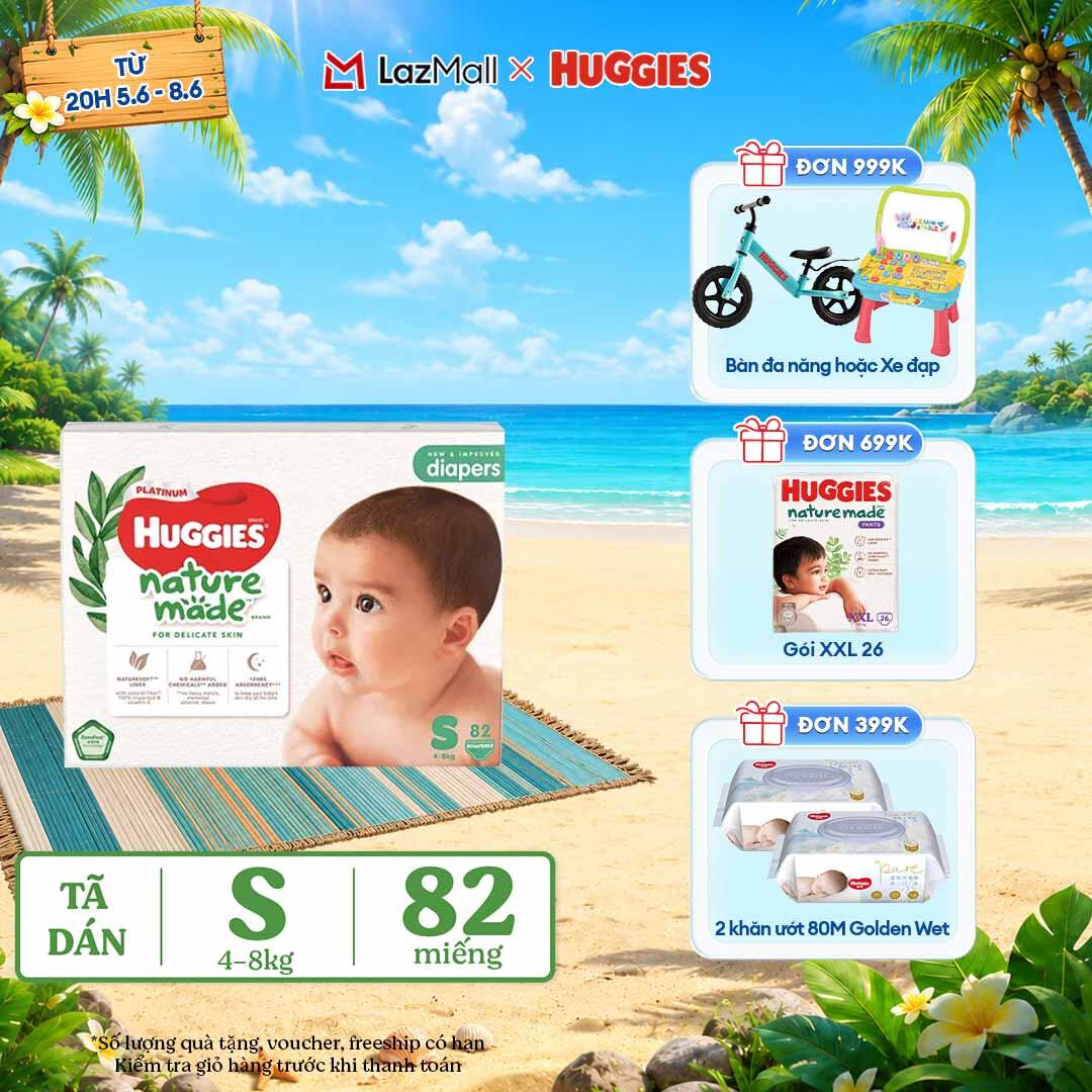 [CHỈ 9-10.6 QUÀ TẶNG ĐƠN 399K](Mua 1 tặng 1) Tã/Bỉm dán sơ sinh Huggies Platinum NatureMade S82 (4-8kg)-Gói Super Jumbo 82 miếng