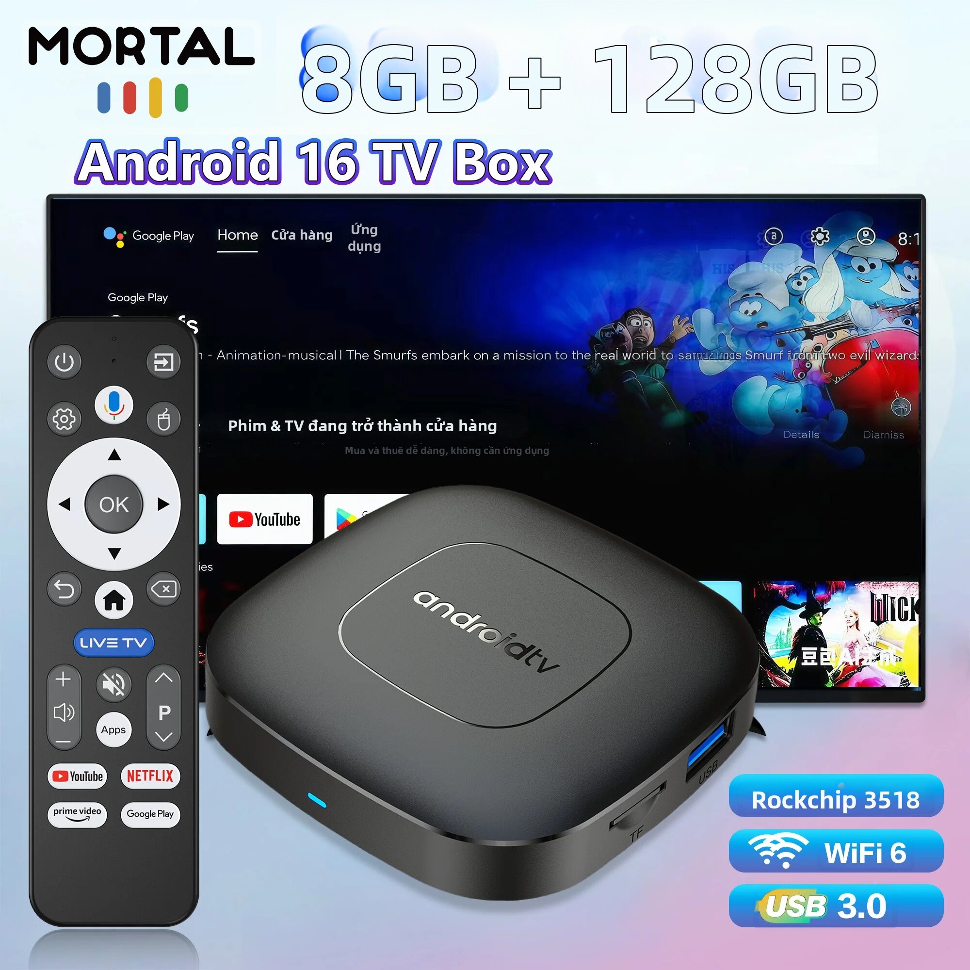 Hộp Giải Mã Truyền Hình Android 16 Mortal T1 4K HDR RK3518 Quad-Core Hỗ Trợ Giọng Nói Google Chromecast 128GB WiFi 6 Kép USB 3.0
