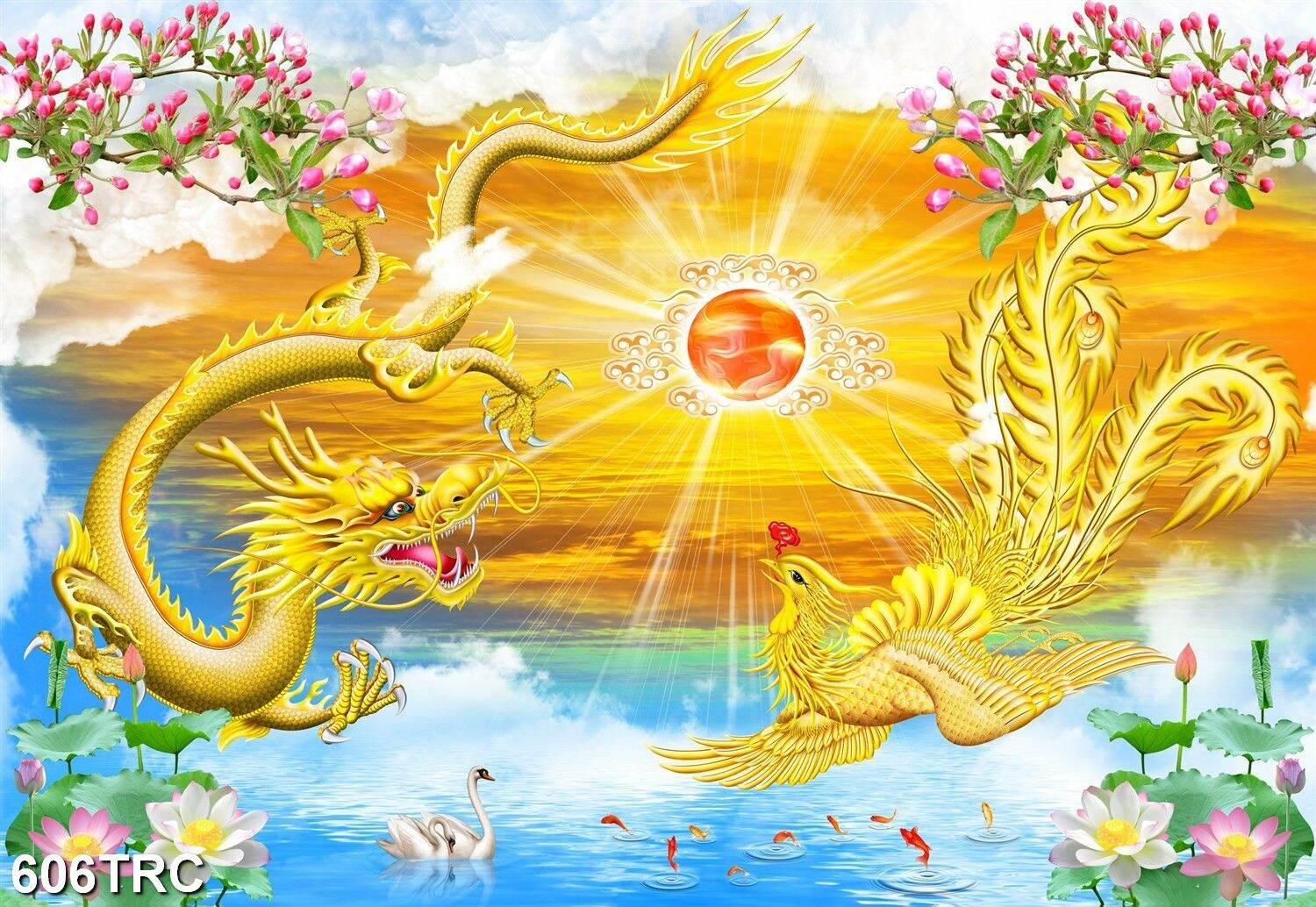 TRANH DÁN TƯỜNG 3D LONG PHỤNG SUM VẦY 606TRC - TRANH CON RỒNG CON PHƯỢNG DÁN TƯỜNG