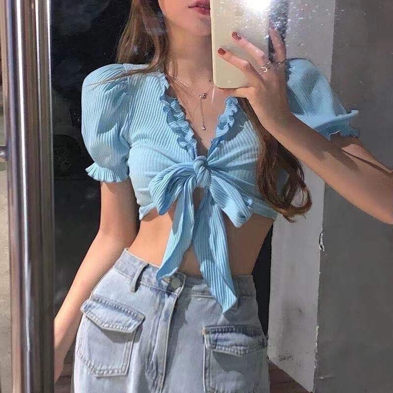 Áo thun croptop xinh cột dây nơ a3