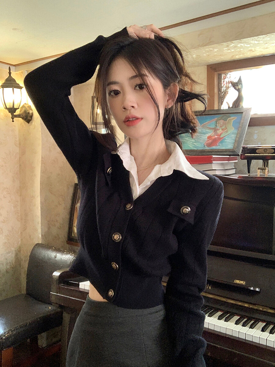 Áo Len Dệt Kim Màu Đen Ngắn Cho Nữ Mùa Thu Cổ Polo Ôm Vừa Vặn Thiết Kế Áo Cardigan Hở Tay Áo Màu Trơ