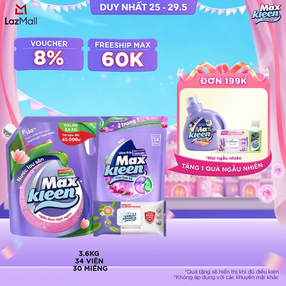 Combo Túi lau sàn MaxKleen hương Ngàn hoa ngọt ngào 3.6 kg + Túi viên hương Huyền Diệu 34 viên + Khăn ướt