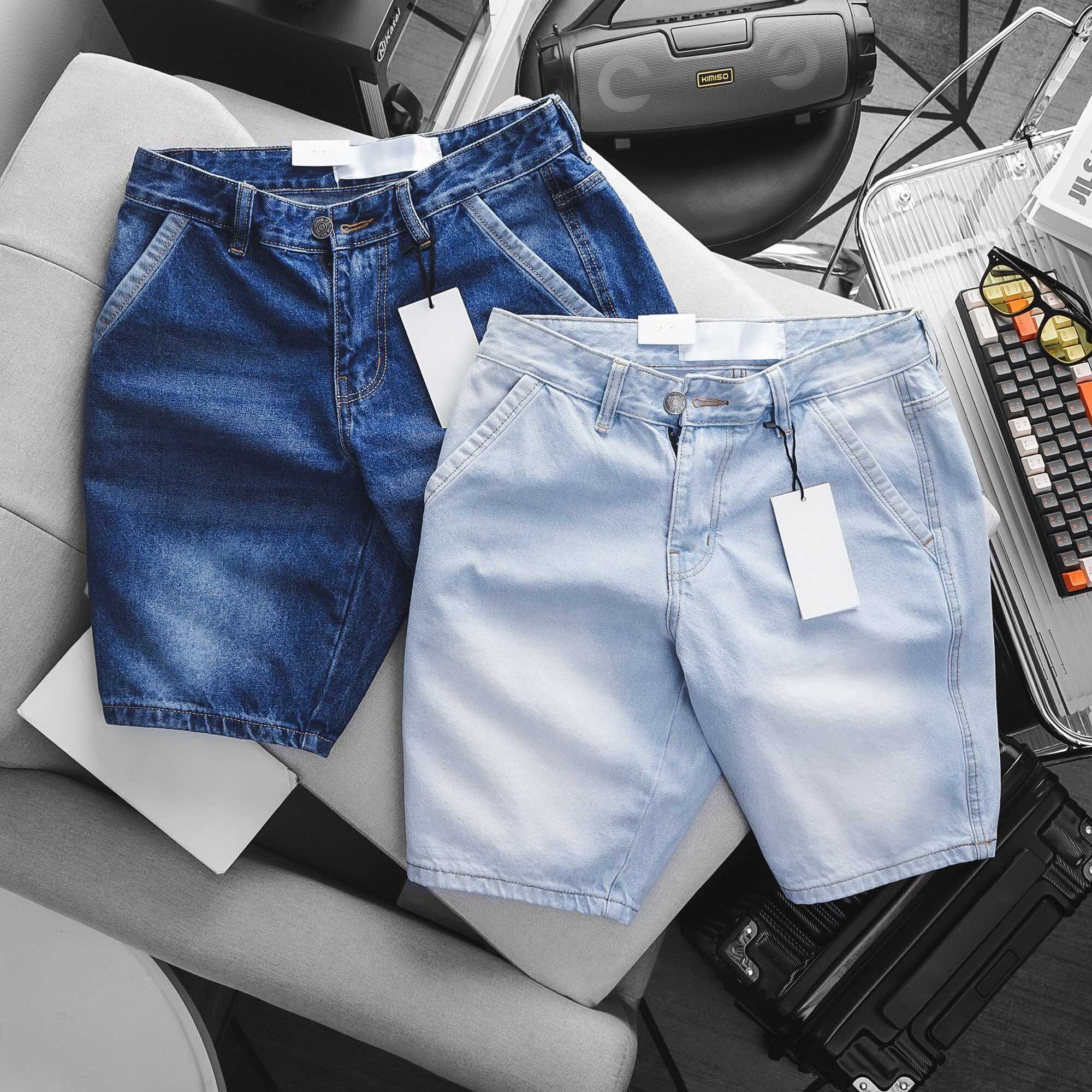 Quần Short Jean Nam túi chéo xanh sáng vnxk ống ôm chân co giãn
