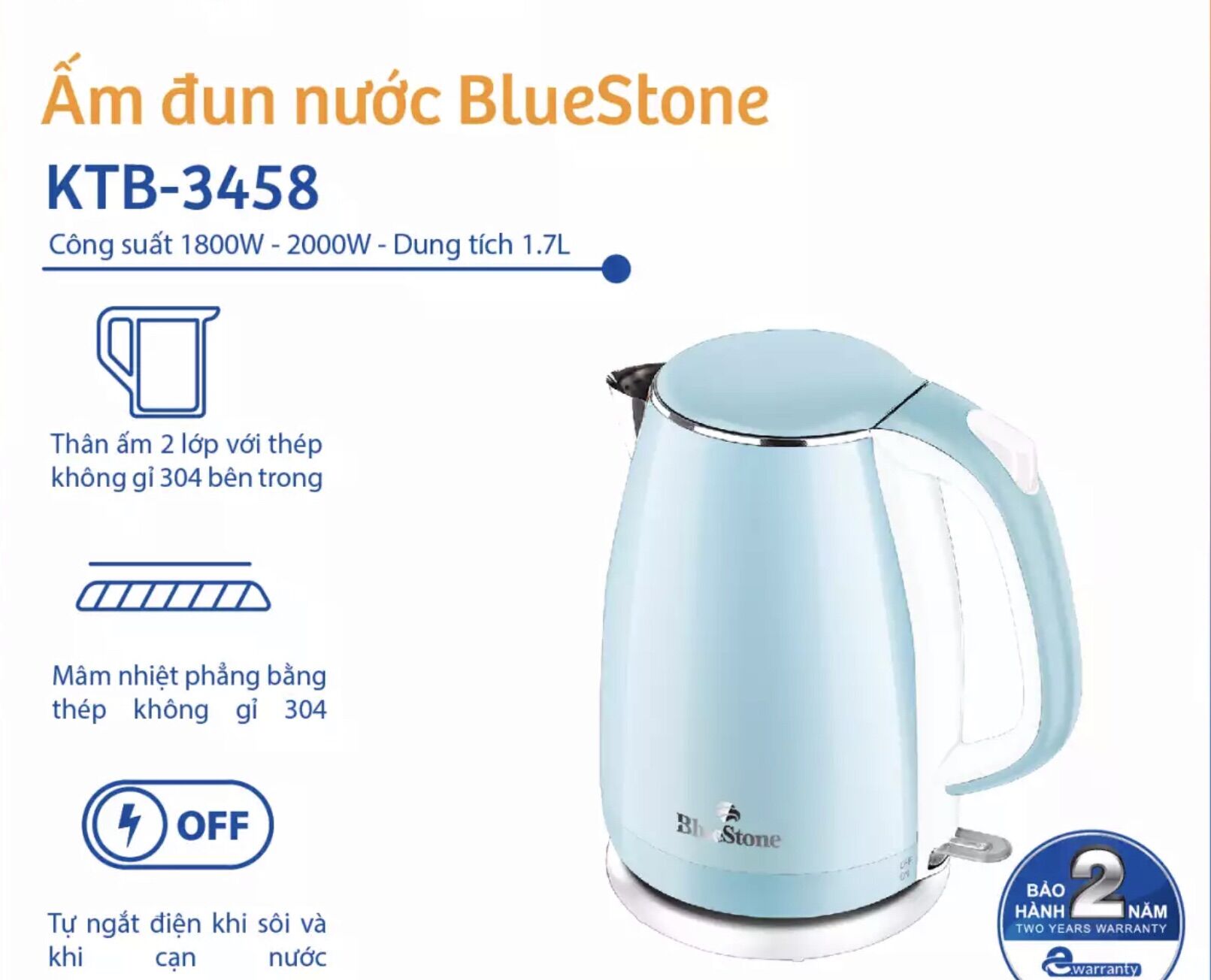 Ấm đun siêu tốc bluestone ktb-3458 2000w - hàng chính hãng