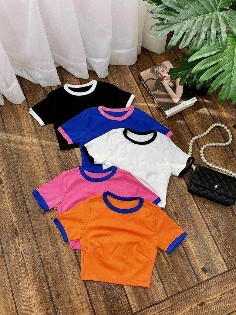 Áo thun nữ croptop# áo thun may viền tay viền cổ# áo thun kiểu tay ngăn# áo thun cổ tròn viền form 45kg