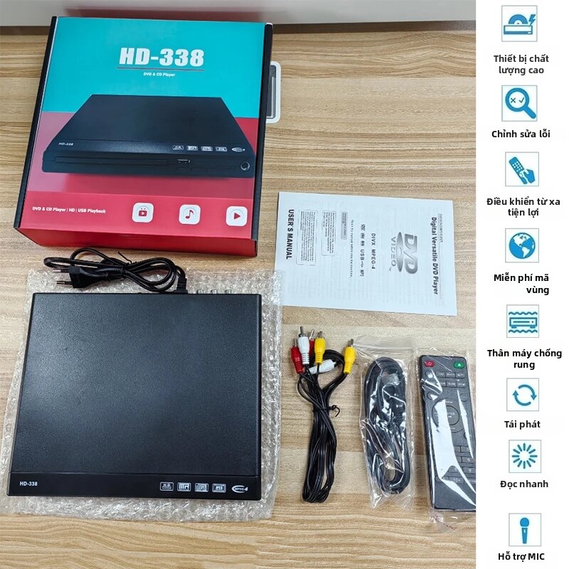 Hộp Đầu Phát DVD Gia Đình HD 1080P Cho TV - Không Giới Hạn Vùng - Hỗ Trợ Cáp HDMI & AV - Tích Hợp MIC - Tương Thích Với Máy Nghe Nhạc MP3