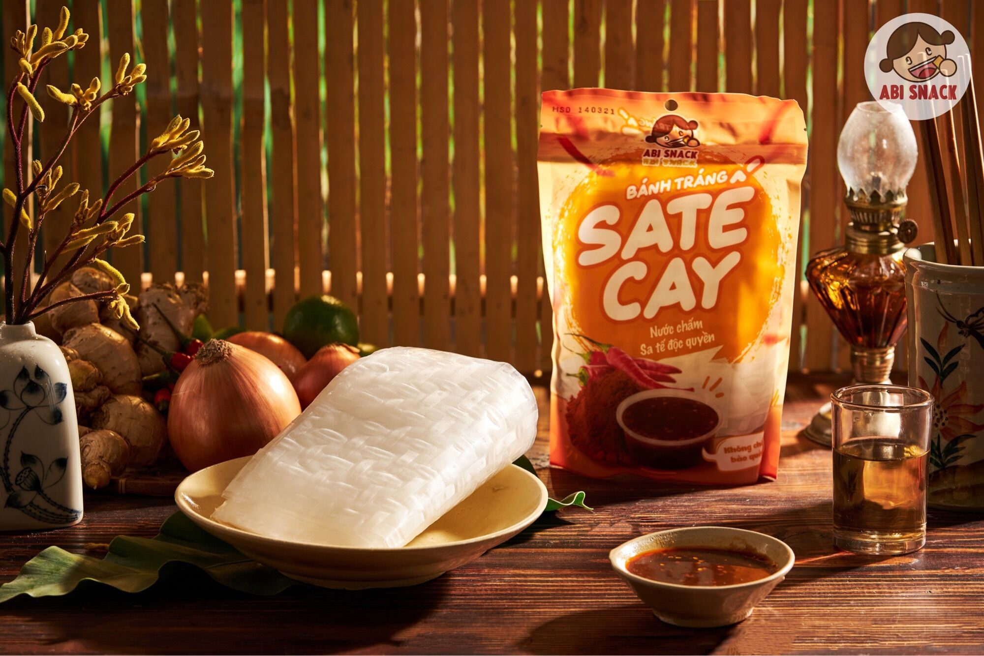 Bánh tráng sate cay Abi chấm sốt độc quyền