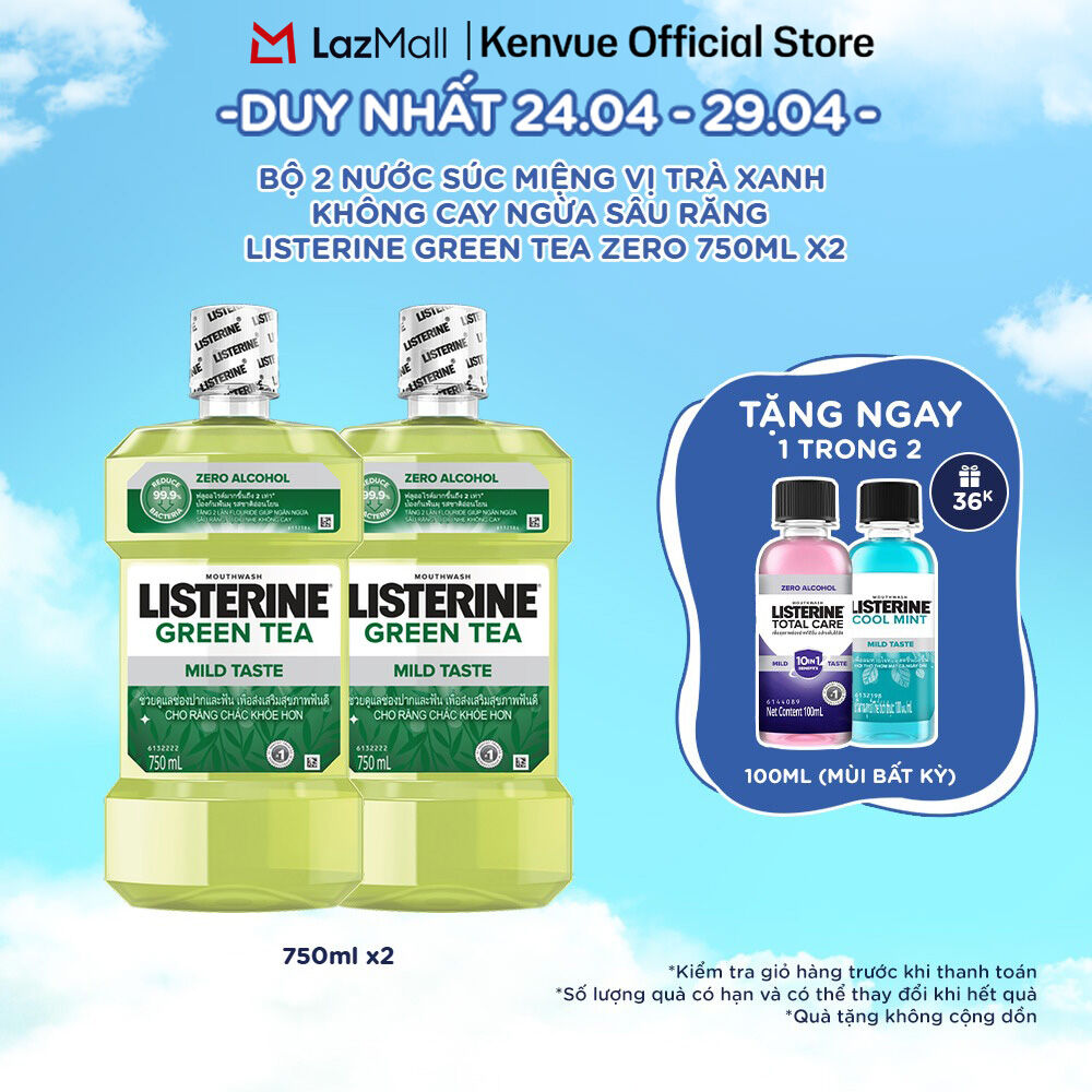 Bộ 2 Nước Súc Miệng Ngừa Sâu Răng Listerine Green Tea Zero Alcohol 750ml/chai