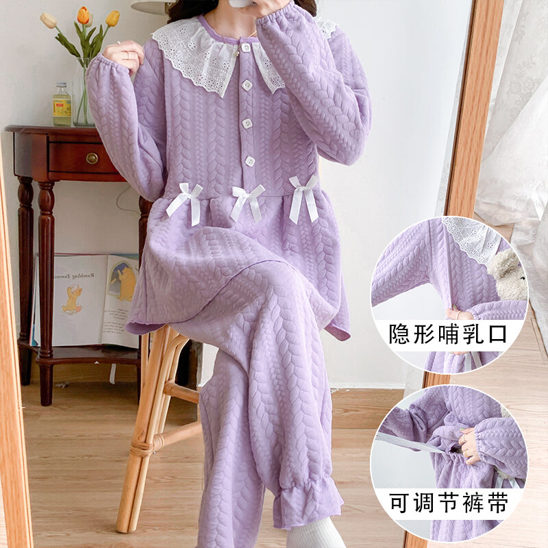 Bộ Đồ Ngủ Cotton Mùa Đông Dày Dặn Ấm Áp Cho Bà Bầu Sau Sinh Cho Con Bú Bộ Đồ Ngủ Cotton Nguyên Chất 