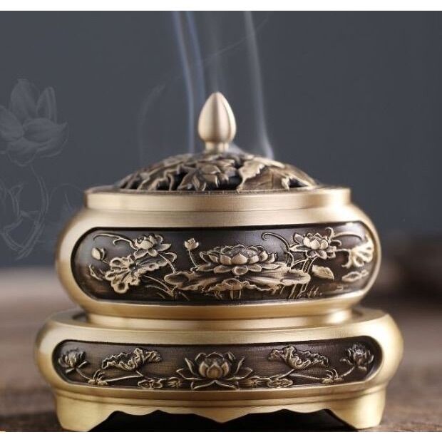 Lư xông trầm bằng đồng nguyên khối, trạm khắc hoa văn tinh tế, hàng nặng gam chuẩn
