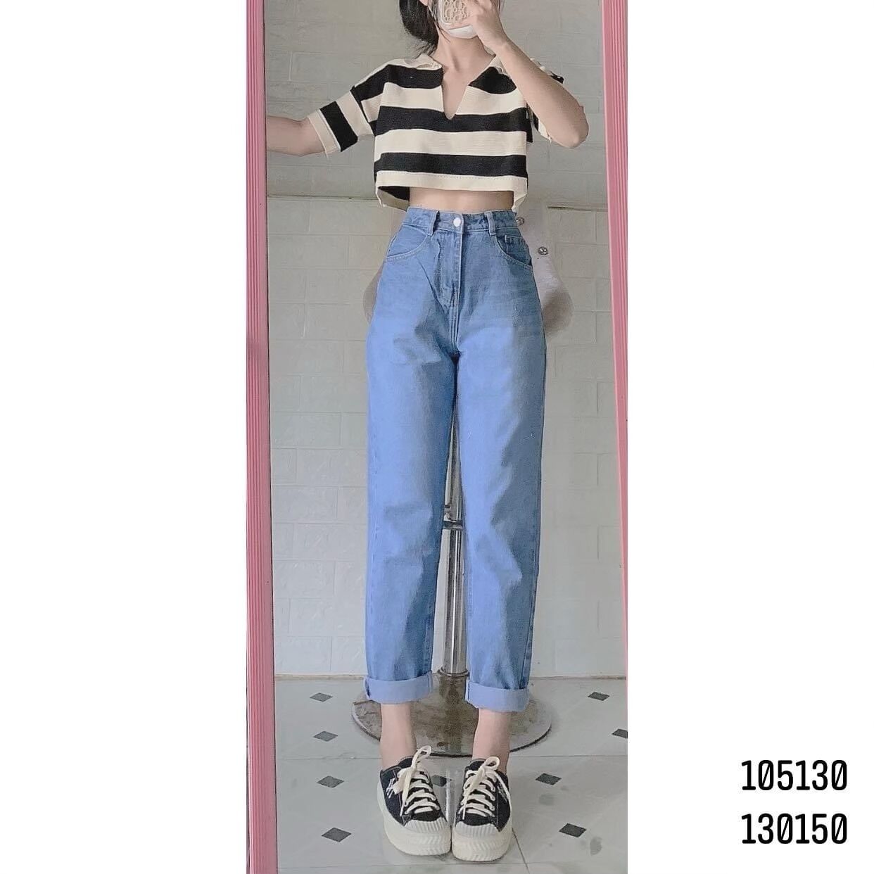 Set baggy jeans lưng cao trơn + crop cổ bẻ sọc
