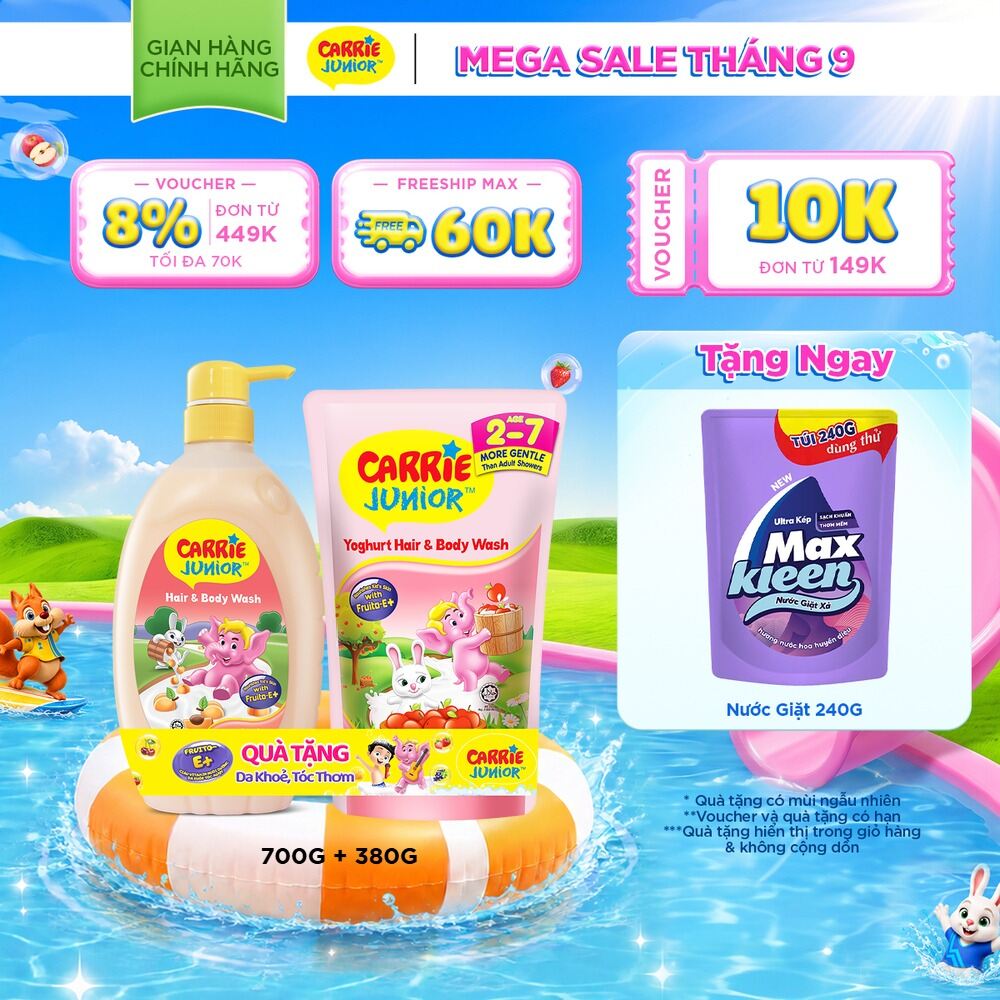 [TẶNG TÚI 380G] Sữa Tắm Gội Cho Bé Carrie Junior Hương Mơ Tây 700g