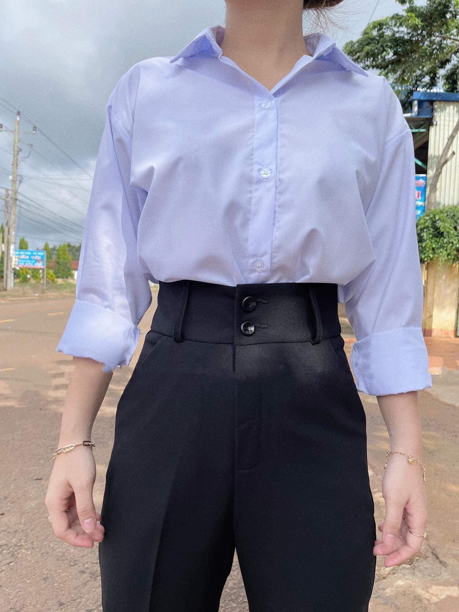Set đi học quần tây 2 nút lưng cao