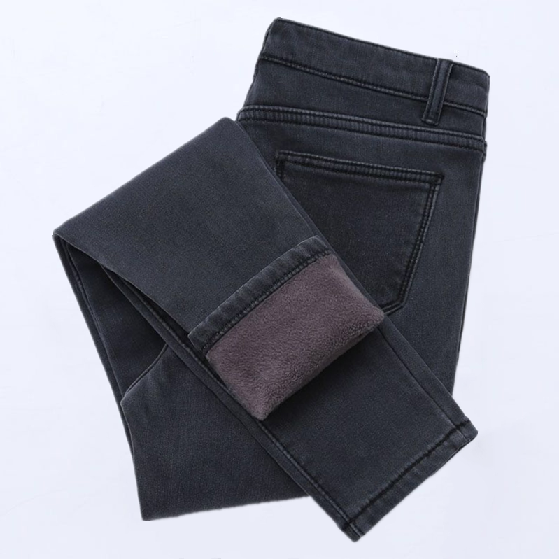 Nữ Cao Vòng Eo Dày Dặn Lông Cừu Denim Quần Jean Co Giãn Thon Gọn Mùa Đông Quần Bút Chì Áo Khoác Ngoài Ấm Áp Màu Xanh Đậm Dài Cotton, Vải Bông Co Giãn