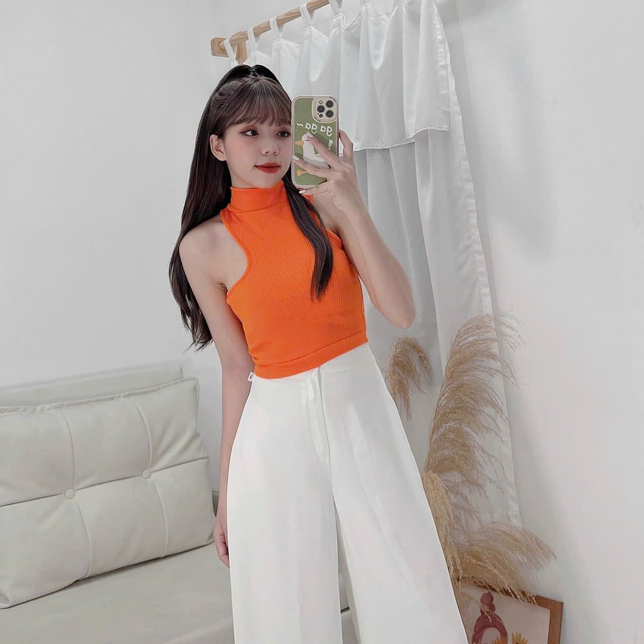 Áo Croptop Ba Lỗ Cổ Lọ Khoét Vai