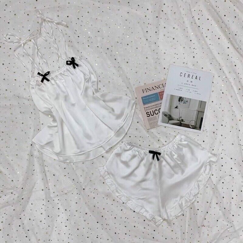 Bộ Ngủ 2 dây nơ thắtvai lụa satin(freesize dưới 65kg)