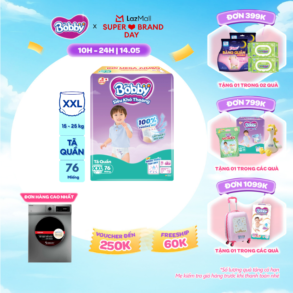 [SALE GIỮA THÁNG tặng QUÀ TO-SLCH]Tã/bỉm quần Bobby 3mm Mega Jumbo Gạo non Giảm nhiệt XXL76 [Bao bì thay đổi theo từng đợt nhập hàng]