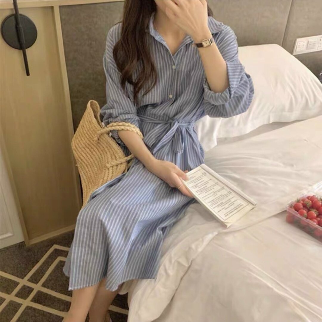 váy sơ mi kẻ sọc dáng dài ulzzang hàn quốc