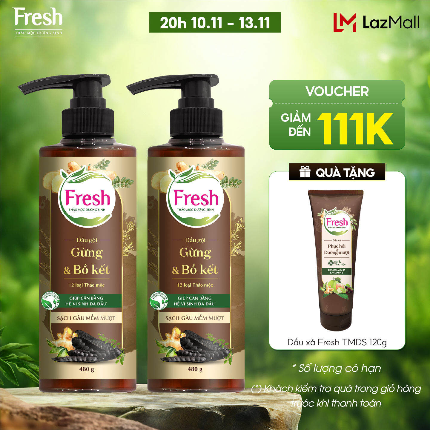 Combo 2 Dầu gội Fresh Thảo mộc dưỡng sinh Sạch gàu mềm mượt 480g/chai
