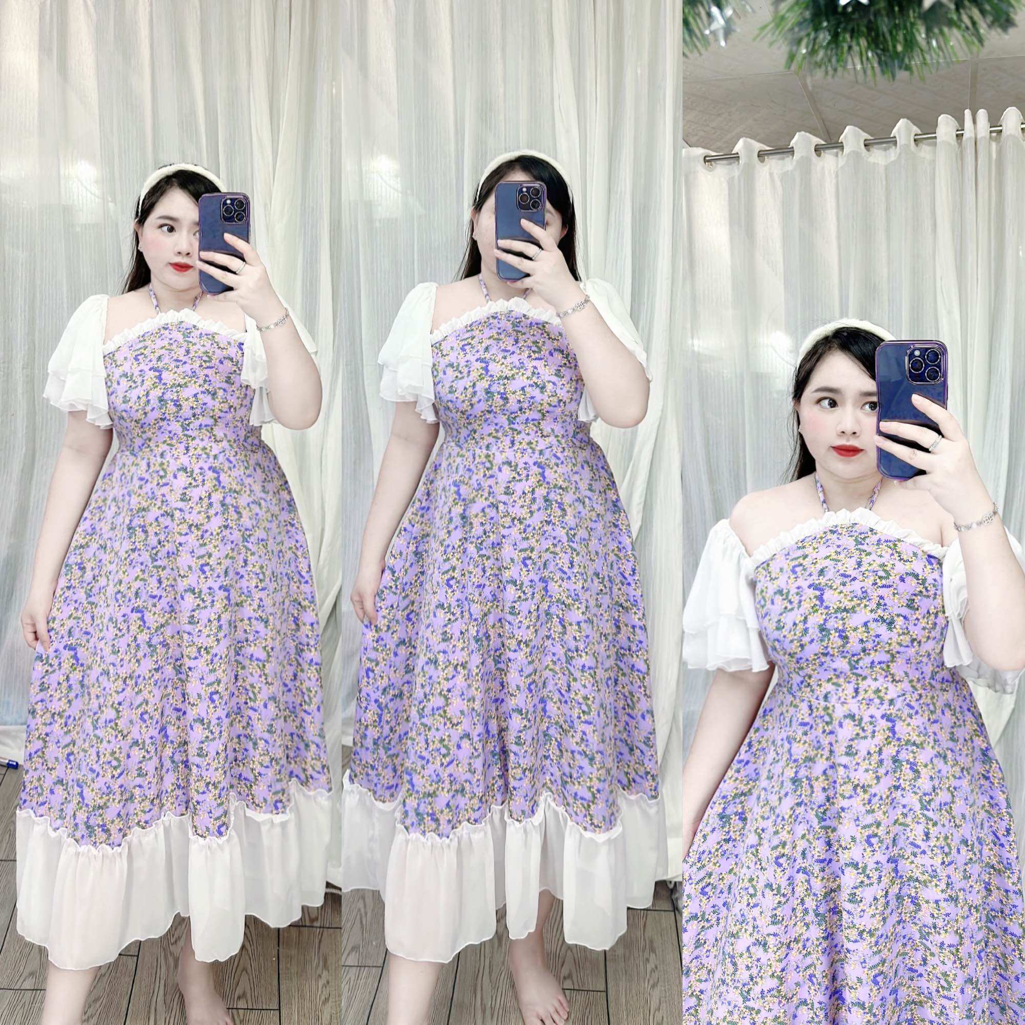 [Bigsize 60-90kg] Đầm cổ yếm cánh tiên lụa mango phối chiffon