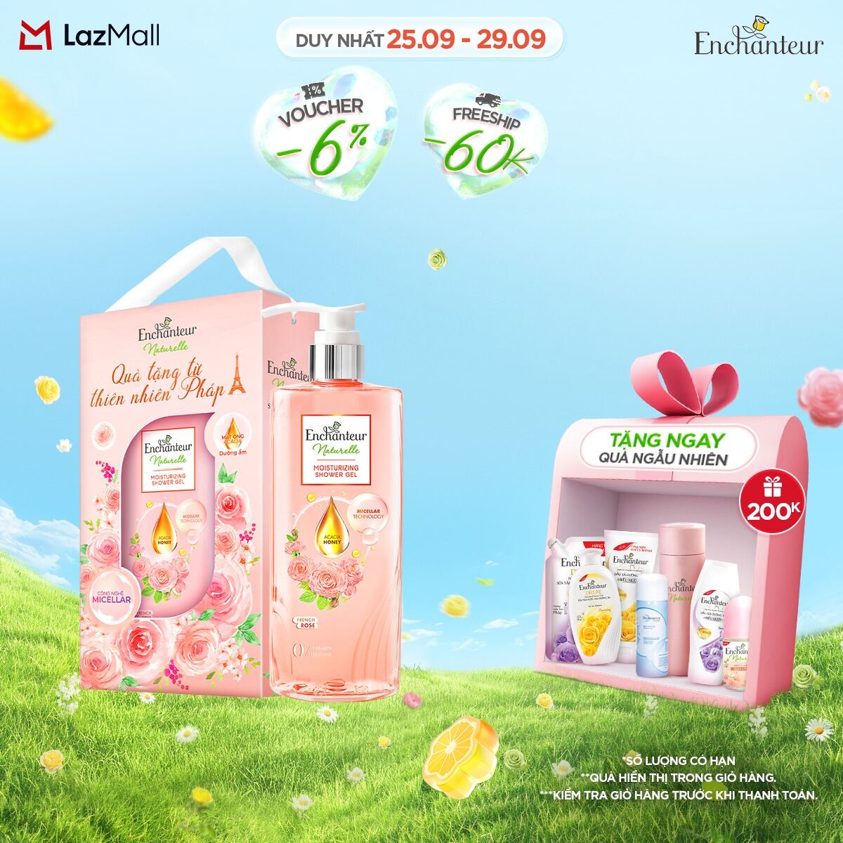 Sữa tắm dưỡng da thiên nhiên Enchanteur Naturelle hương Iris/ Lavender/ Rose 510g (tặng kèm hộp đựng